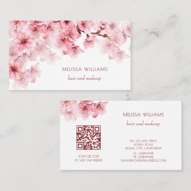 Tarjeta De Visita Watercolor Cherry Blossoms QR Code (Anverso / Reverso)