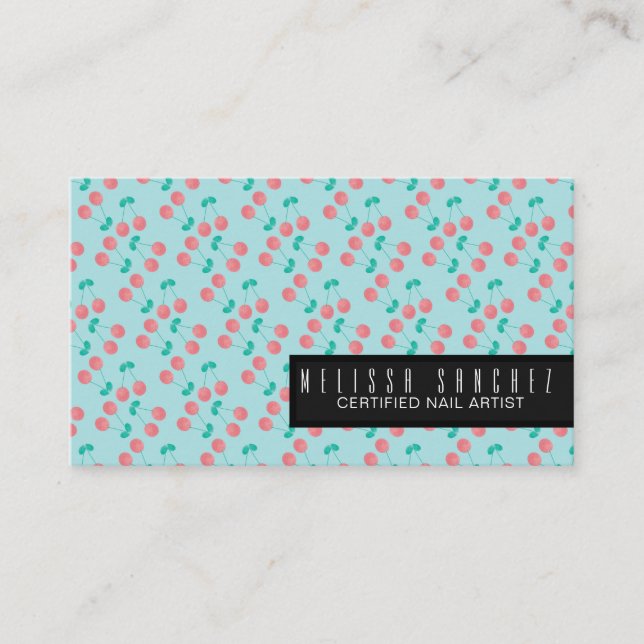 Tarjeta De Visita Watercolor Cherry Pattern Salon Beauty (Anverso)