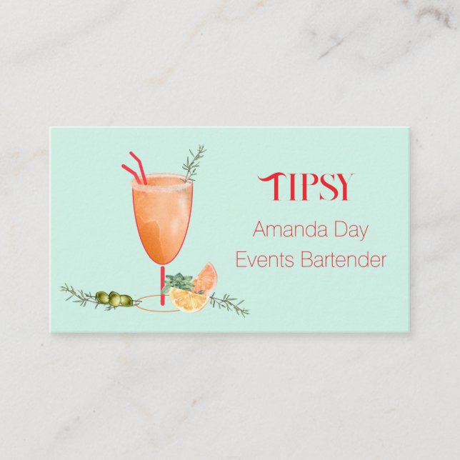 Tarjeta De Visita Watercolor Cocktail Bartender Business Card (Anverso)