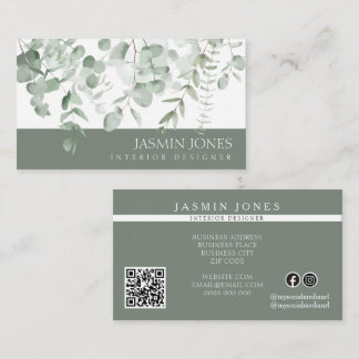 Tarjeta De Visita Watercolor Eucalyptus Green Interior Designer