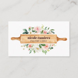 Tarjeta De Visita Watercolor Floral Panadería Rolling Pin Patisserie