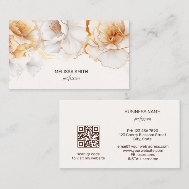 Tarjeta De Visita Watercolor Gold White Flowers (Anverso / Reverso)