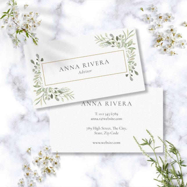 Tarjeta De Visita Watercolor Greenery Gold Geometric Professional (Watercolor Greenery Gold Geometric Professional Business Card)