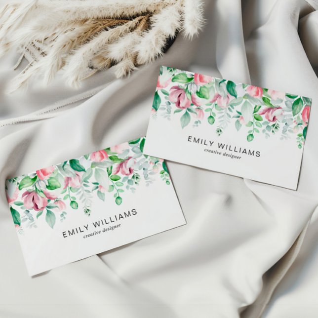 Tarjeta De Visita Watercolor Greenery Pink Flowers Business Card (Subido por el creador)
