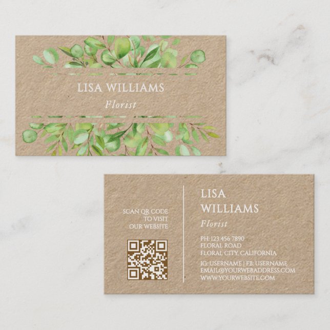 Tarjeta De Visita Watercolor Greenery Rustic  | QR Code (Anverso / Reverso)