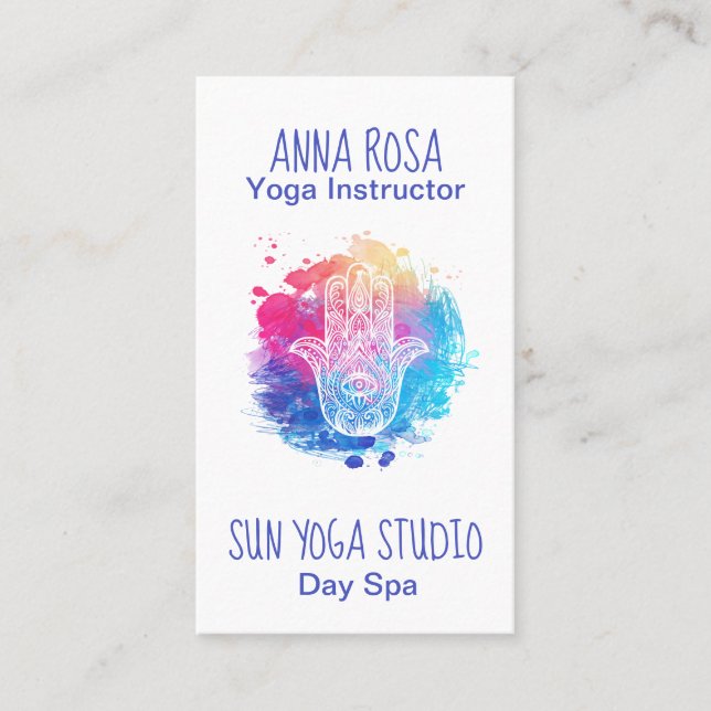 Tarjeta De Visita *~* Watercolor Hamsa Hand Yoga Spa (Anverso)