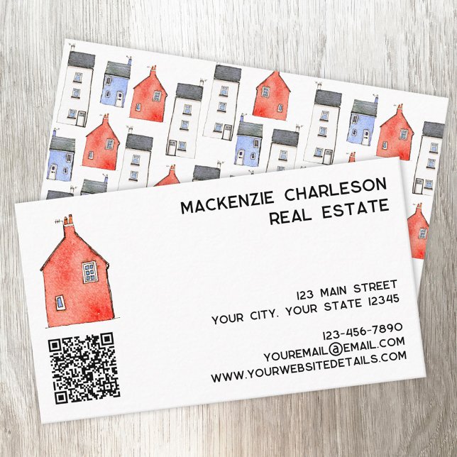 Tarjeta De Visita Watercolor House Art Código QR Inmobiliaria (Watercolor house art QR code custom text business card for real estate letting agent home services)