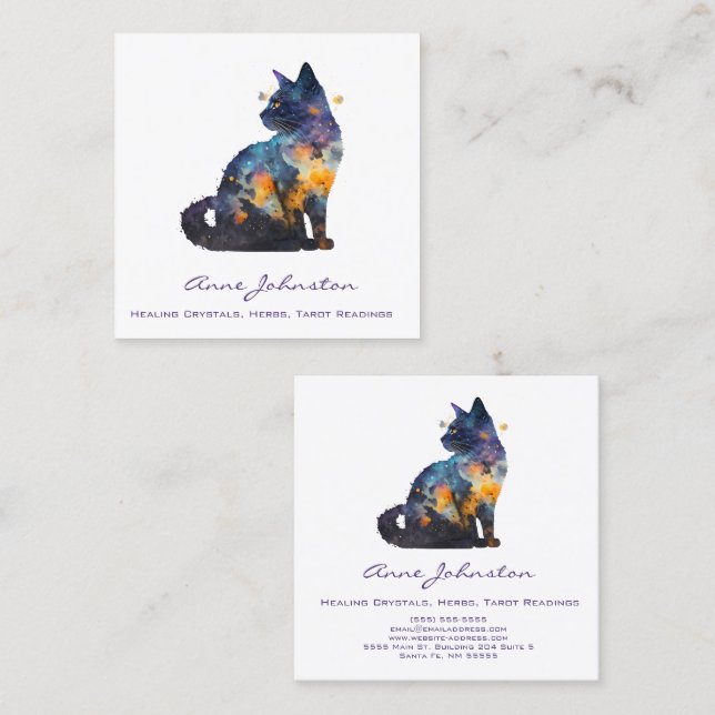 Tarjeta de visita Watercolor Kitty Square (Anverso / Reverso)