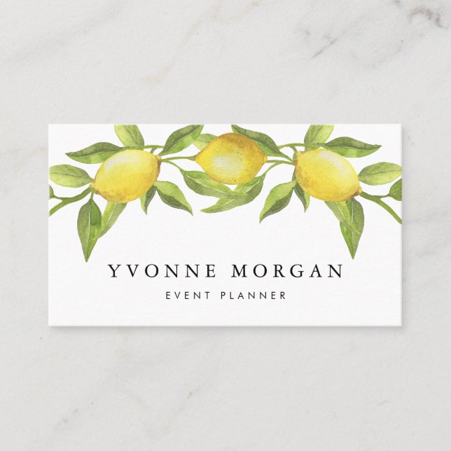 Tarjeta De Visita Watercolor Lemon Greenery Garland Rustic (Anverso)