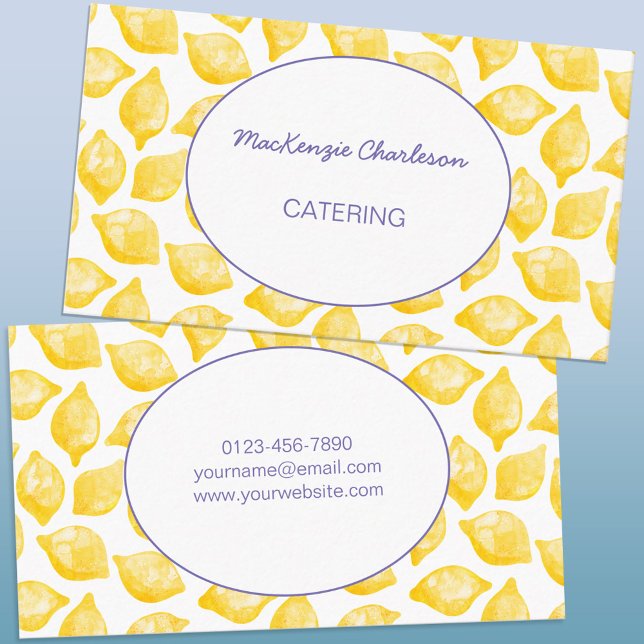 Tarjeta de visita Watercolor Lemons Catering (Watercolor lemon pattern custom modern business card)