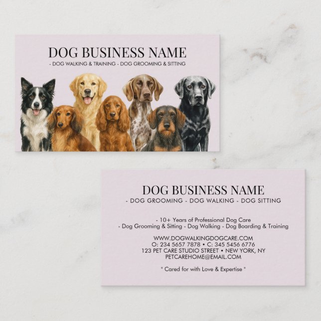 Tarjeta De Visita Watercolor Lilac Dog Breeds Pet Groomer (Anverso / Reverso)