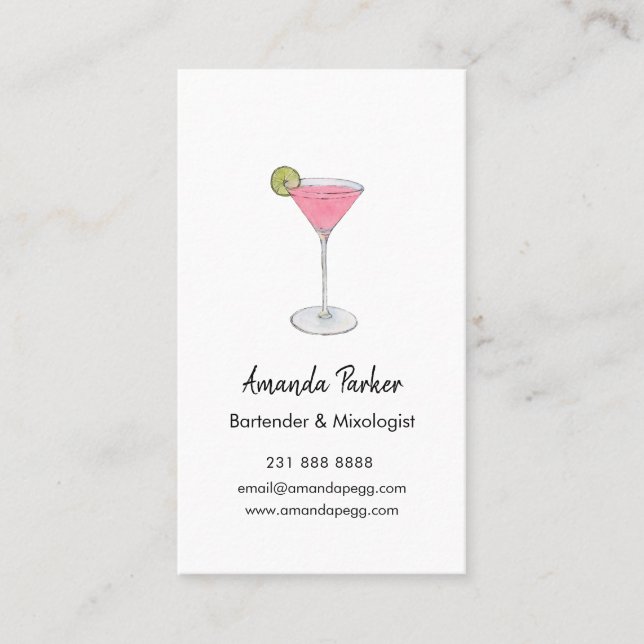 Tarjeta De Visita Watercolor Martini bartender, Mixólogo (Anverso)