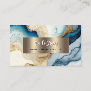 Tarjeta De Visita Watercolor Navy Gold Agate Gold Brushed Metalizado