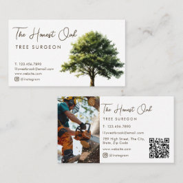 Tarjeta De Visita Watercolor Oak Tree Elegant Script Photo QR Code