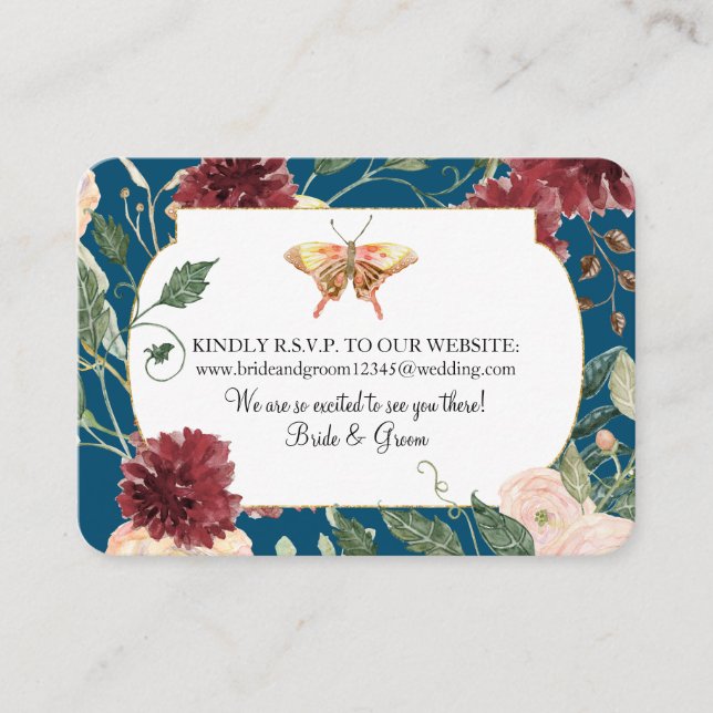 Tarjeta De Visita Watercolor Otoño Floral Blue Boda sitio web RSVP (Anverso)