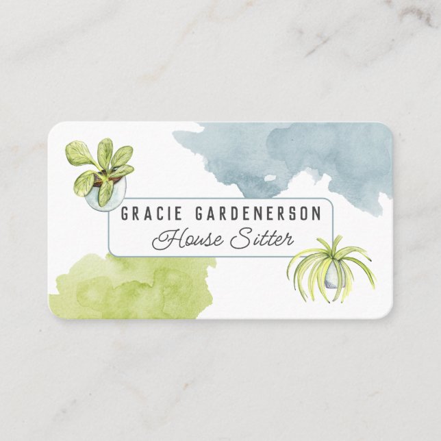 Tarjeta de visita Watercolor Plants House Sitter (Anverso)