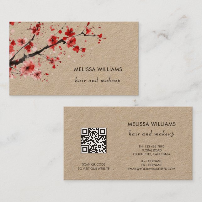 Tarjeta De Visita Watercolor Red Cherry Blossoms Kraft Paper (Anverso / Reverso)