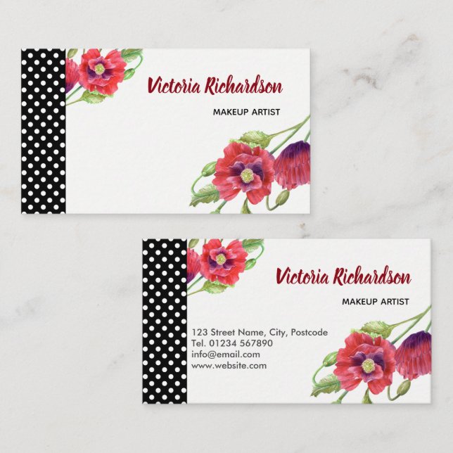 Tarjeta De Visita Watercolor Red Poppies Diseño Floral (Anverso / Reverso)
