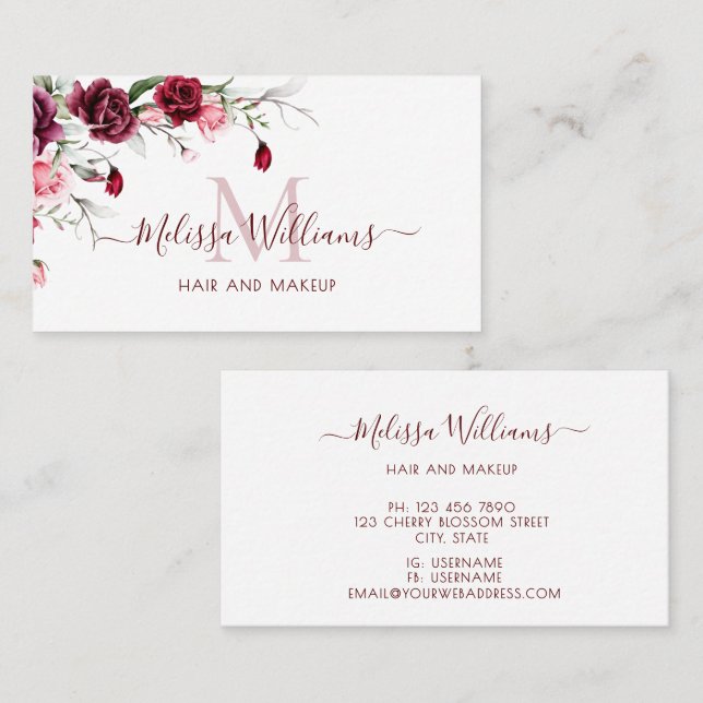 Tarjeta De Visita Watercolor Roses Monogram Black (Anverso / Reverso)