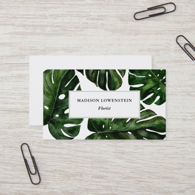 Tarjeta De Visita Watercolor Tropical Monstera Sale de Botánica (Anverso/Reverso In Situ)