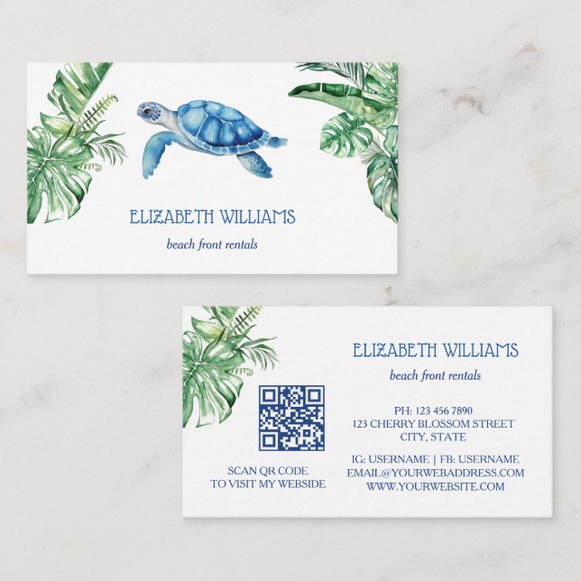 Tarjeta De Visita  Watercolor Turtle Tropical Leaves (Anverso / Reverso)