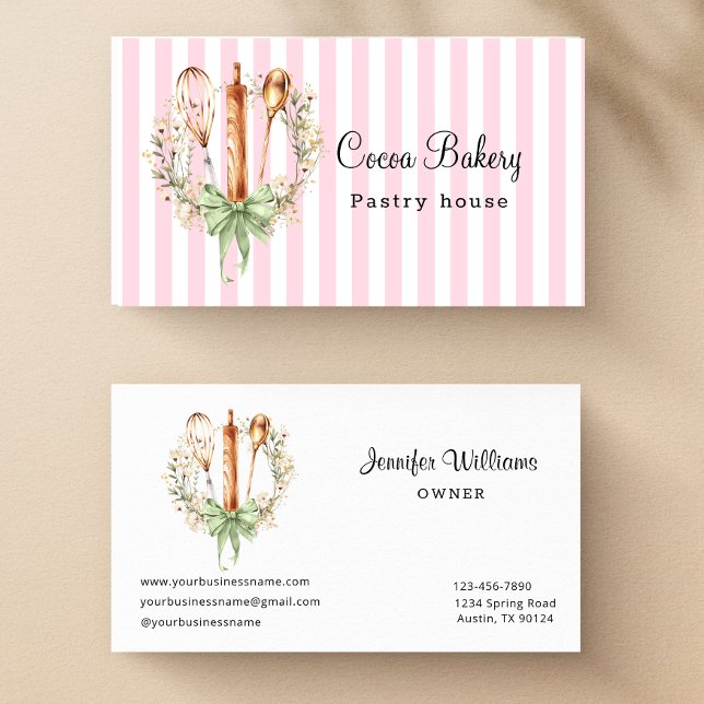 Tarjeta De Visita Watercolor Utensils Kitchen Bakery Business Card (Watercolor Pink Stripe and Floral Utensils cooking Business Card)