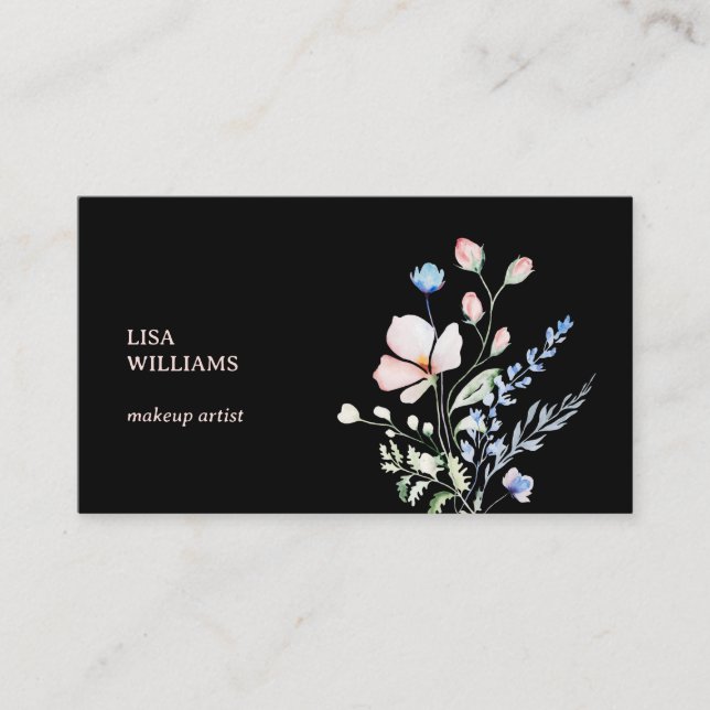 Tarjeta De Visita Watercolor Wildflowers Black  (Anverso)