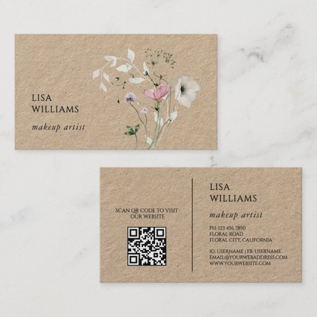 Tarjeta De Visita Watercolor Wildflowers Kraft (Anverso / Reverso)