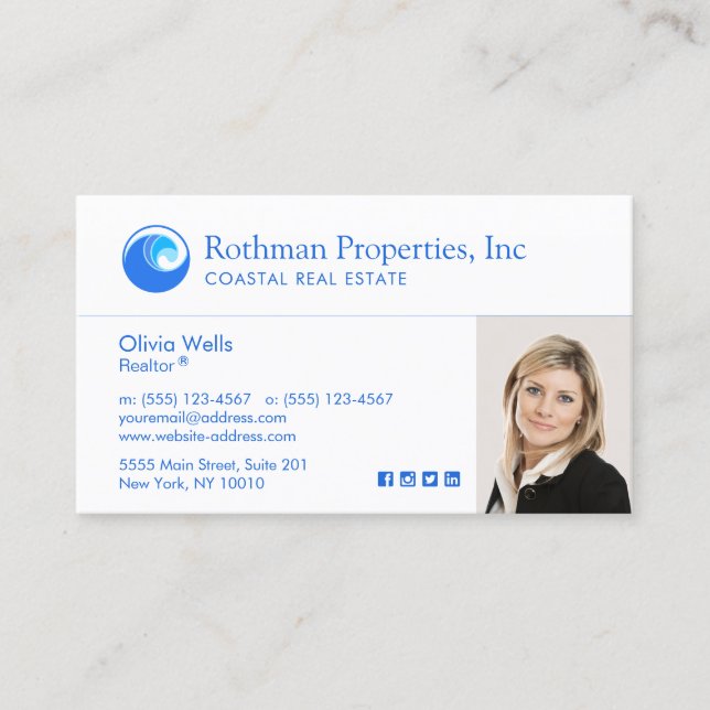 Tarjeta De Visita Wave Logo Real Estate Agent Photo Business Card (Anverso)
