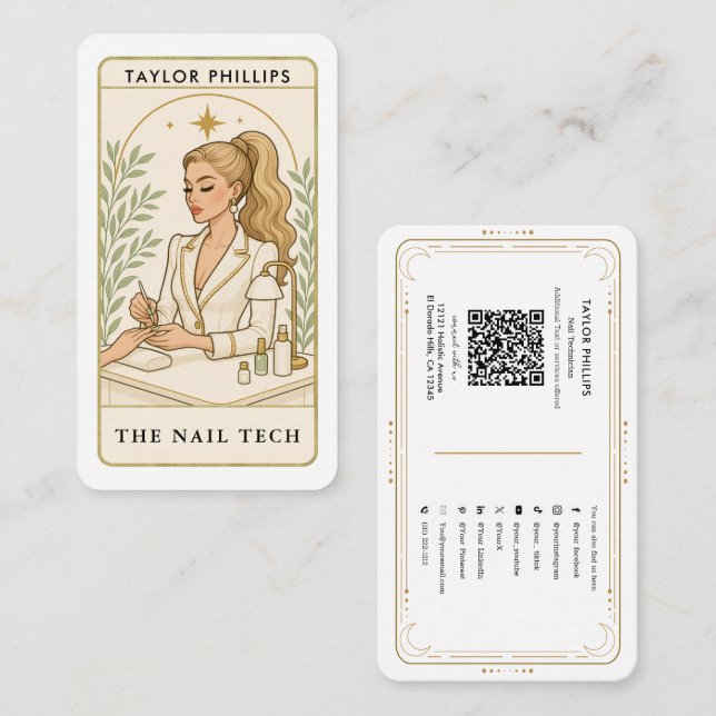 Tarjeta De Visita Wavy Blonde Nail Tech Tarot Social Media QR (Anverso / Reverso)