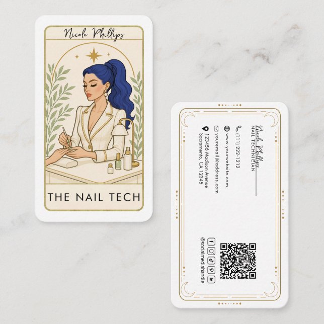 Tarjeta De Visita Wavy Cosmic Blue Hair Nail Tech Social Media QR (Anverso / Reverso)
