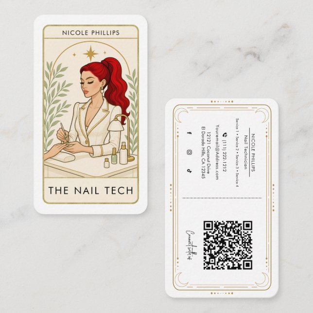 Tarjeta De Visita Wavy Red Hair Nail Tech Tarot Social Media QR (Anverso / Reverso)