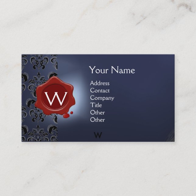 Tarjeta De Visita WAX SEAL DAMASK MONOGRAM azul rojo negro (Anverso)