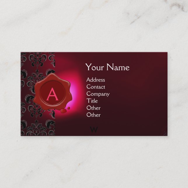 Tarjeta De Visita WAX SEAL DAMASK MONOGRAM burgundi rosa (Anverso)