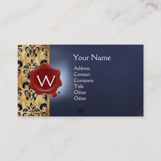 Tarjeta De Visita WAX SEAL DAMASK PARCHMENT MONOGRAM azul rojo negro (Anverso)