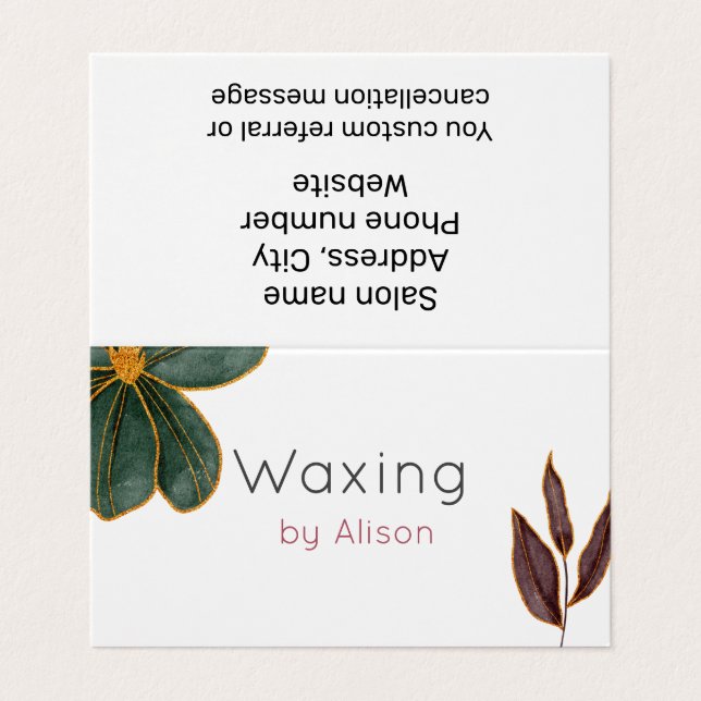Tarjeta De Visita Waxing Esthetician oro maroon verde azulado (Exterior desplegado)