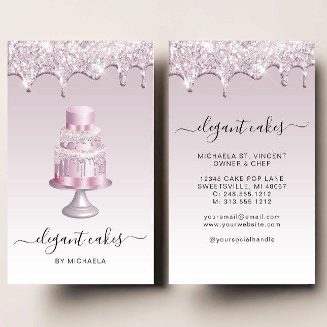 Tarjeta De Visita Wedding Cake Glitter Drip Mauve Bakery (Subido por el creador)