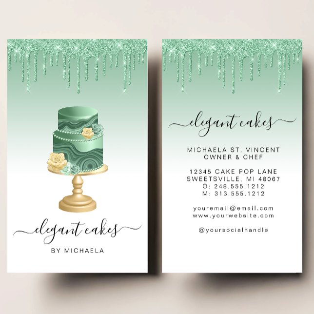 Tarjeta De Visita Wedding Cake Glitter Drip Mint Green Bakery (Subido por el creador)