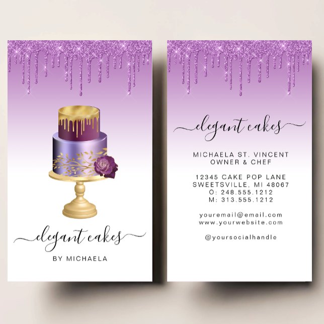 Tarjeta De Visita Wedding Cake Glitter Drip Purple Bakery (Subido por el creador)