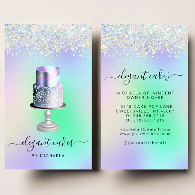 Tarjeta De Visita Wedding Cake Holographic Glitter Bakery (Subido por el creador)