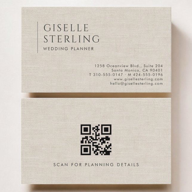 Tarjeta De Visita Wedding Planner Luxury Neutral Linen QR Code (Subido por el creador)