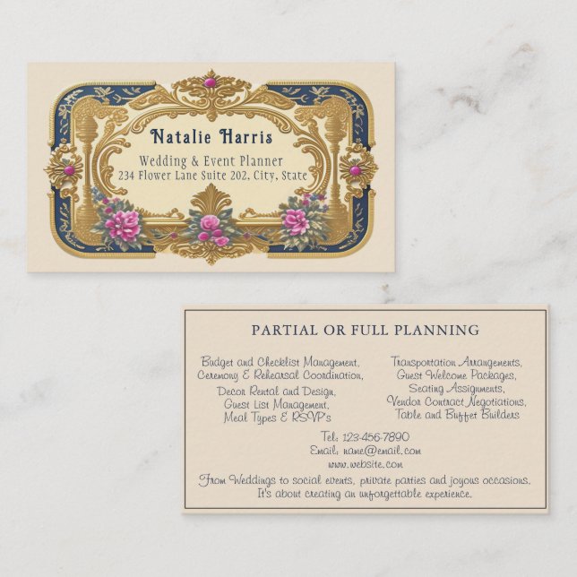 Tarjeta De Visita Wedding Planner Victorian Pink Roses Gold Business (Anverso / Reverso)