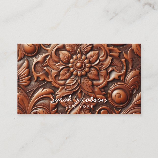 Tarjeta De Visita Western Faux Brown Leather Tooled (Anverso)