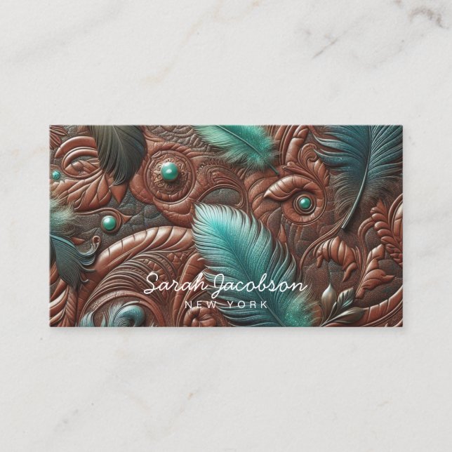 Tarjeta De Visita Western Faux Brown Leather Tooled Teal Feathers  (Anverso)