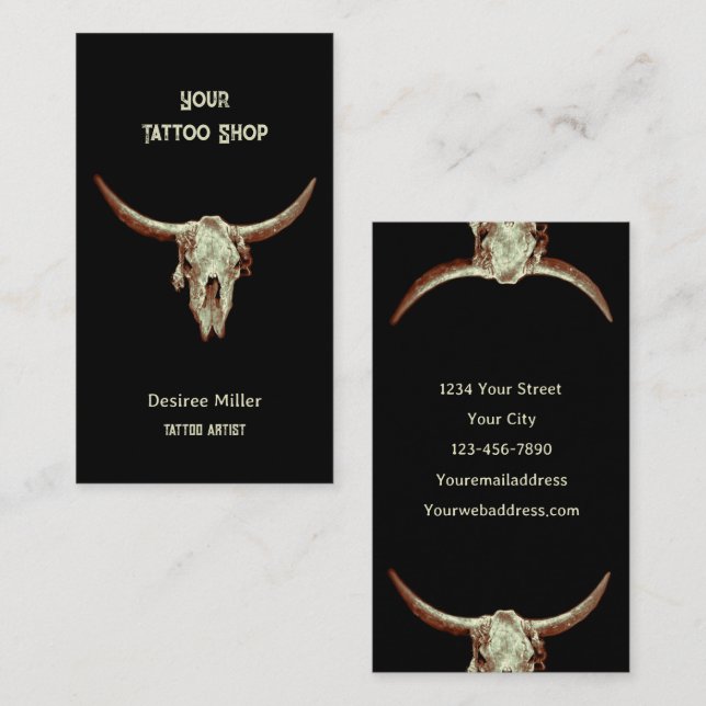 Tarjeta De Visita Western Rustic Tattoo Shop Bull Skull (Anverso / Reverso)