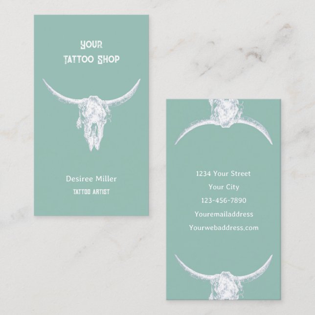 Tarjeta De Visita Western Rustic Tattoo Shop Bull Skull (Anverso / Reverso)