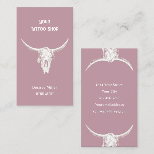 Tarjeta De Visita Western Rustic Tattoo Shop Bull Skull (Anverso / Reverso)