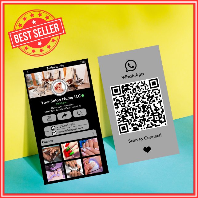 Tarjeta De Visita WhatsApp Nail Salon Gray Social Media QR Code (Subido por el creador)