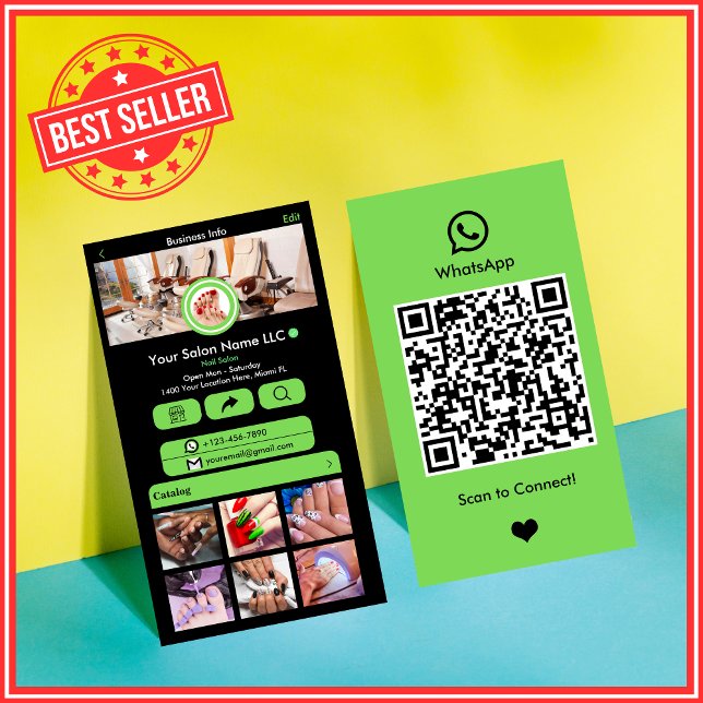 Tarjeta De Visita WhatsApp Nail Salon Green | Código QR de medios so (Subido por el creador)