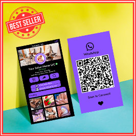 Tarjeta De Visita WhatsApp Salón Nal Purple | Código QR de medios so